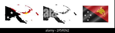 Papua-Neuguinea. Karte mit maskierter Flagge. Detailreiche Silhouette. Winkende Flagge. Vektorgrafik isoliert auf Weiß. Stock Vektor