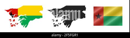 Guinea-Bissau. Karte mit maskierter Flagge. Detailreiche Silhouette. Winkende Flagge. Vektorgrafik isoliert auf Weiß. Stock Vektor