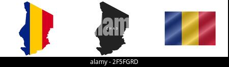 Tschad. Karte mit maskierter Flagge. Detailreiche Silhouette. Winkende Flagge. Vektorgrafik isoliert auf Weiß. Stock Vektor