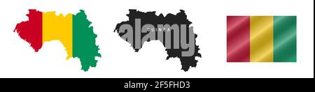 Guinea. Karte mit maskierter Flagge. Detailreiche Silhouette. Winkende Flagge. Vektorgrafik isoliert auf Weiß. Stock Vektor