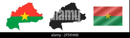 Burkina Faso. Karte mit maskierter Flagge. Detailreiche Silhouette. Winkende Flagge. Vektorgrafik isoliert auf Weiß. Stock Vektor