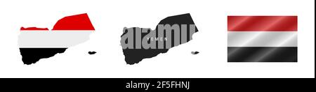 Jemen. Karte mit maskierter Flagge. Detailreiche Silhouette. Winkende Flagge. Vektorgrafik isoliert auf Weiß. Stock Vektor