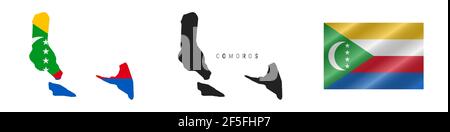 Komoren. Karte mit maskierter Flagge. Detailreiche Silhouette. Winkende Flagge. Vektorgrafik isoliert auf Weiß. Stock Vektor