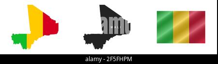 Mali. Karte mit maskierter Flagge. Detailreiche Silhouette. Winkende Flagge. Vektorgrafik isoliert auf Weiß. Stock Vektor