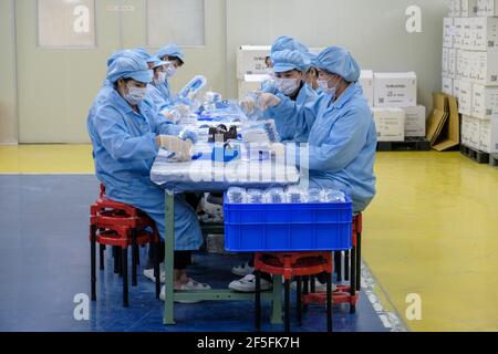 Taoyuan, Taiwan. März 2021, 24th. Arbeiter, die Masken in der Easy Field Corporation (EFC) Schutzmaskenfabrik in Taoyuan sortieren. Kredit: SOPA Images Limited/Alamy Live Nachrichten Stockfoto