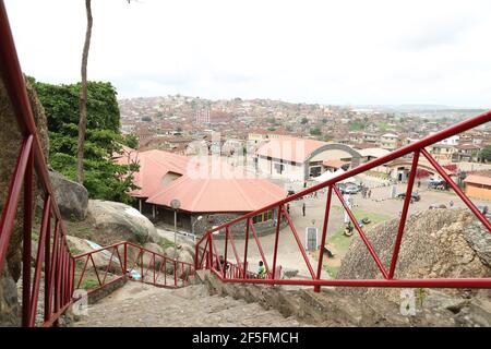 Olumo Rock Staircase, Abeokuta, Ogun State, Nigeria. Stockfoto