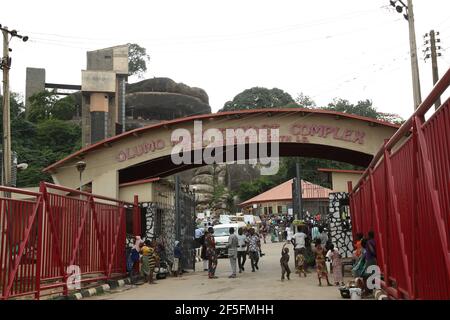 Eingang von Olumo Rock, Abeokuta, Ogun State, Nigeria. Stockfoto