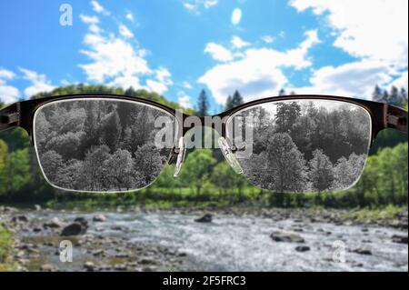 Blick durch die Brille auf schwarz-weißen Fluss und Waldlandschaft in Frauen Brille fokussiert. Farbblindheit. Weltwahrnehmung während der Depression. Stockfoto