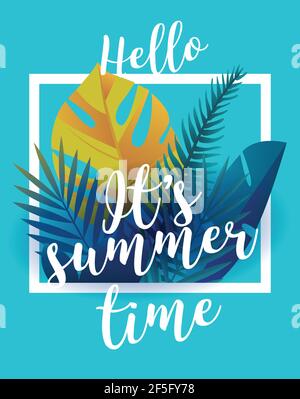 Wanderschablone Poster, Vektorgrafik. Party Poster mit Palmblatt und Schriftzug Hello Summer Time - Stock Vektor Stock Vektor
