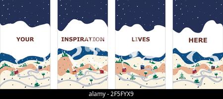 Winter-Hintergrundvektor. Winterlandschaften mit Häusern Vektor-Illustrationen Design für Social Media Post und Geschichten, Cover, Wallpaper Design für adv Stock Vektor