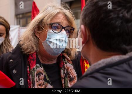 Rom, Italien. März 2021, 26th. (3/26/2021) Generalsekretärin der FIOM Francesca Re DavidDemonstration vor der Mise in Rom, die von der FIOM organisiert wurde, um die Verlängerung der Blockierung von Entlassungen aufgrund der Wirtschaftskrise aufgrund der Covid-19-Pandemie zu fordern. (Foto: Matteo Nardone/Pacific Press/Sipa USA) Quelle: SIPA USA/Alamy Live News Stockfoto