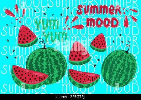 Banner Sommer Stimmung saftige Wassermelonen, saftig reife Wassermelone Set yum yum, ganze Wassermelone und Scheibe, Sommer Freude Frucht, Vektor-Illustration in der Hand Stock Vektor