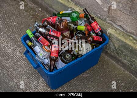 Blaue Schachtel mit Glasflaschen, die darauf warten, als Teil des Recycling-Programms des Stadtrats von Edinburgh gesammelt zu werden. Stockfoto