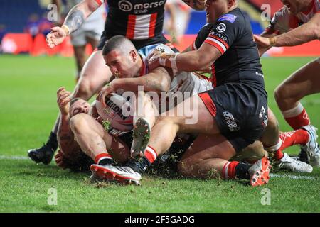 Joel Thompson (11) von St. Helens verhinderte einen Versuch in, am 3/26/2021. (Foto von Mark Cosgrove/News Images/Sipa USA) Quelle: SIPA USA/Alamy Live News Stockfoto