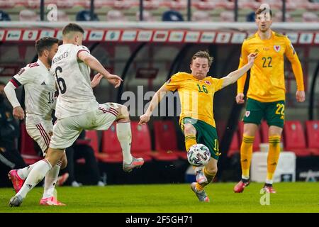 LEUVEN, BELGIEN - MÄRZ 24: Dries Mertens aus Belgien, Leander Dendoncker aus Belgien und Joe Rodon aus Wales während des WM-Qualifikationsspiel dazwischen Stockfoto