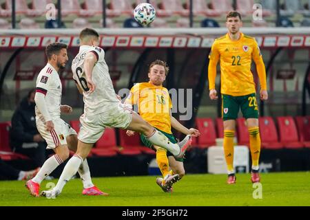 LEUVEN, BELGIEN - MÄRZ 24: Dries Mertens aus Belgien, Leander Dendoncker aus Belgien und Joe Rodon aus Wales während des WM-Qualifikationsspiel dazwischen Stockfoto