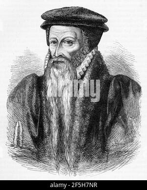 Stich von Theodore Beza (1519 – 1605) ein Französisch reformierten protestantischen Theologen, Reformator und Gelehrten, spielte eine wichtige Rolle in der Reformation. Er war ein Schüler von Johannes Calvin und lebte den größten Teil seines Lebens in Genf. Stockfoto