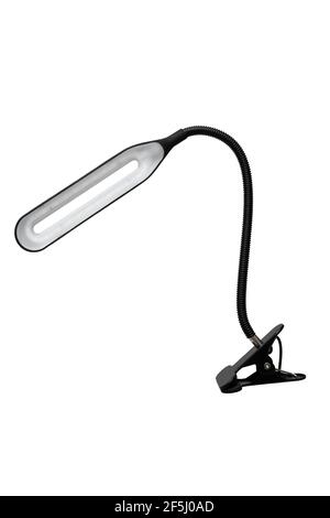 LED-Lampe auf einem flexiblen Bein mit einer Wäscheklammer zur Befestigung an einem Tisch. Tischleuchte isoliert auf weißem Hintergrund. Stockfoto