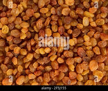 Trockene gelbe und orange Rosinen oder getrocknete Trauben. Food Textur Hintergrund, Draufsicht. Stockfoto