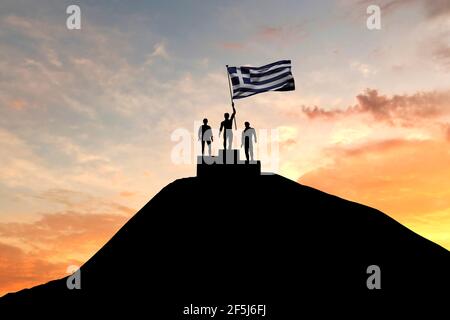 Die griechische Flagge winkte auf einem Siegerpodest. 3D Rendering Stockfoto