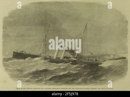 Rennen im Kanal zwischen dem Atalanta Doppelschneckendampfer und dem Dover Mail-Packet Empress - ILN 1864. Stockfoto