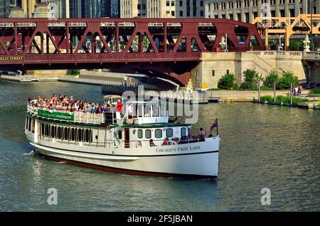 Chicago, Illinois, USA. Eine Bootstour auf dem Chicago River, nachdem Sie unter der Wells Street Bridge in Chicago vorbeigefahren sind. Stockfoto