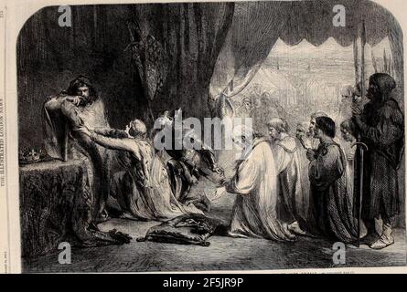 Königin Philippa interveniert mit ihrem Mann Edward III. Für die Bürgerinnen von Calais, von John Gilbert - ILN 1861. Stockfoto