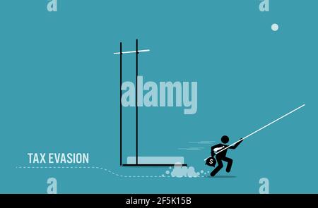 Steuerzahler mit Geldseite treten und laufen weg von der hohen Stange des Stabes des Stabes, um Steuern zu vermeiden. Vektor-Illustration Konzept der Steuervermeidung, Steuerhinterziehung Stock Vektor