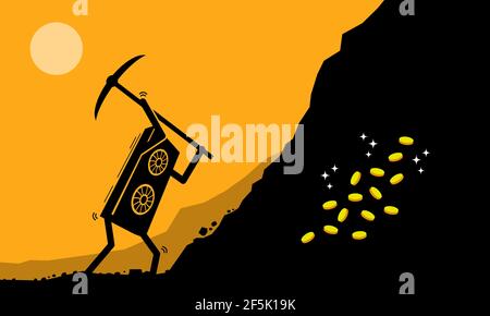 Grafikkarten- oder GPU-Arbeiter Bergbau digitale Kryptowährung Münze oder Geld auf Bergbau-Website. Vektor-Illustration Clip Arts Konzept der Bergbau Krypto Währung Stock Vektor