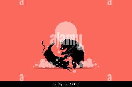 Die Börse von Bullen und Bären konkurriert, wobei der Bär den Kampf gewinnt. Vektor-Illustration Konzept der Baisse, bärischen Trend und Abwärtstrend. Stock Vektor