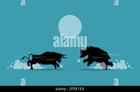 An der Börse stehen die Hausse und die Baisse gegenüber. Vektor-Illustration Konzept der bullischen und bärischen Markt konkurrierenden, Aktien Markttrend, und Finanzia Stock Vektor