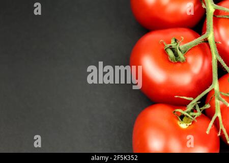 Rote Tomaten auf weißem Teller mit Wassertropfen Stockfoto