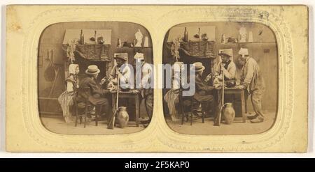 Genreszene: Leute in der Diskussion um den Tisch, eine Frau mit Haube, Pistole gegen den Tisch gelehnt. E. Lamy (Französisch, aktiv 1860s - 1870s) Stockfoto