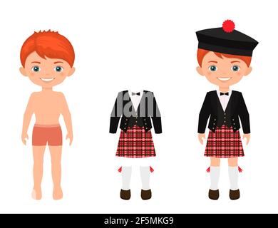 Dress up niedlichen Jungen in schottischen Anzug. Papier Puppe Charakter Vorlage. Cartoon flachen Stil. Vektor-Illustration Stockfoto