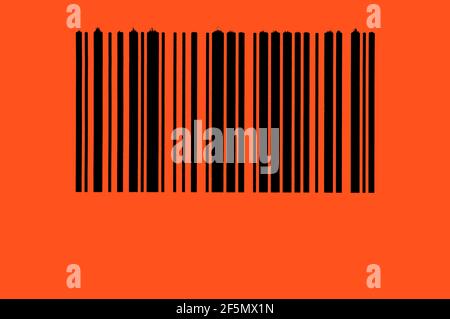 Aufkleber Barcode Papier orange und schwarz, klebrige Barcode schwarz und weiß Stockfoto