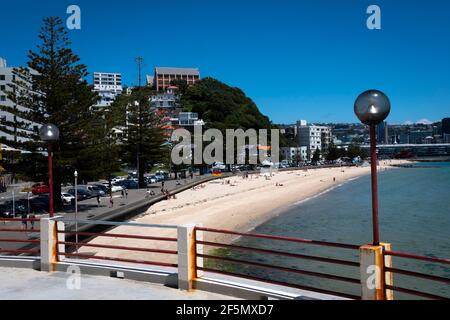 Zentraler Stadtstrand, Oriental Bay, Wellington, Nordinsel, Neuseeland Stockfoto