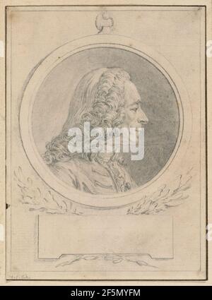 Porträt von Voltaire, nach seiner Büste von Jean-Baptiste Lemoyne II.. Augustin de Saint-Aubin (Französisch, 1736 - 1807) Stockfoto