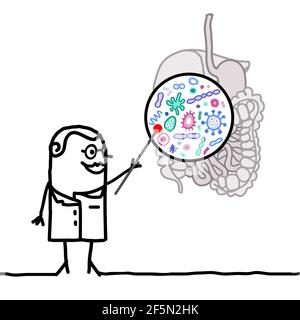 Hand gezeichnet Cartoon Doctor erklärt, was Micro-biota in der Verdauungssystem Stock Vektor