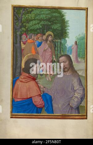Der heilige Johannes der Täufer predigt und Christus mit den Aposteln. Workshop des Meisters des Ersten Gebetbuches Maximilians (Flämisch, aktiv um 1475 - 1515) Stockfoto
