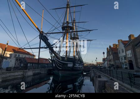 HMS Trincomalee, Großbritanniens ältestes Kriegsschiff, das noch immer im Wasser liegt, im Hartlepool Maritime Experience / National Museum of the Royal Navy (Historic Quay) Stockfoto