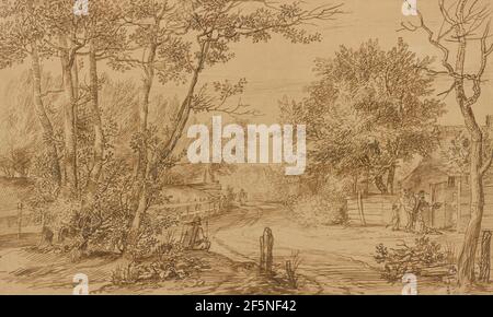 Blick auf einen Pfad im Haager Wald, mit Bettlern vor der Tür einer Hütte. Jan Lievens (Niederländisch, 1607 - 1674) Stockfoto