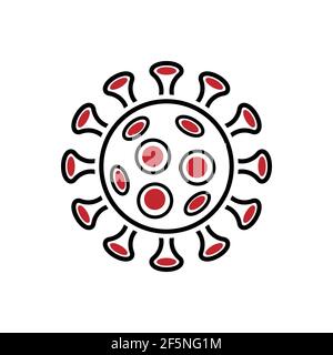Das COVID-19-Logo sieht aus wie ein Virus, das schwarz und rot auf weißem Hintergrund isoliert ist. Stock Vektor