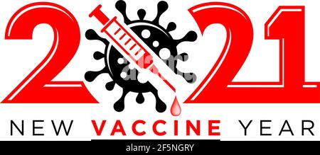 Logo für das neue Impfjahr 2021. Coronavirus-Zeichen durchgestrichen durch Spritze. Stop Coronavirus in 2021 Vektor-Konzept auf transparentem Hintergrund Stock Vektor