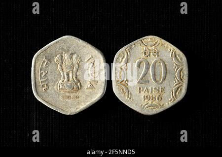 Mumbai Maharashtra Indien Asien März 22 2021 Indische Währung zwanzig paise 1986 Stockfoto