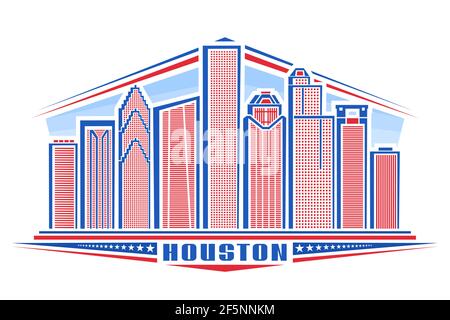 Vektor-Illustration von Houston, horizontales Plakat mit Umriss-Design houston Stadtlandschaft auf Tageshintergrund, Urban Line Art Konzept mit einzigartigen Letteri Stock Vektor