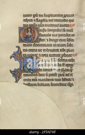 Initial O: Christus thront mit erhobenen Händen; Initial D: Ein halb niedergegebeteter Mann. Bute Master (französisch-flämisch, aktiv um 1260 - 1290) Stockfoto
