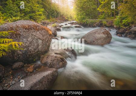 Landschaftliche Schönheit an einem Sommernachmittag am Coffee Creek Wasserfall im Kootenay Lake Provincial Park südlich von Kaslo, British Columbia, Kanada. Stockfoto