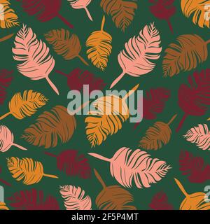 Nahtloses Vektor-Muster mit Herbstblättern auf grünem Hintergrund. Schöne bunte Federn Tapete Design. Abstrakte Natur Mode Textil. Stock Vektor