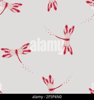 Nahtloses Vektor-Muster mit roter Libelle auf blauem Hintergrund. Einfaches Tapetendesign mit fliegenden Insekten. Schöne Mode Textil. Stock Vektor