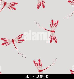 Nahtloses Vektor-Muster mit roter Libelle auf blauem Hintergrund. Einfaches Tapetendesign mit fliegenden Insekten. Schöne Mode Textil. Stock Vektor
